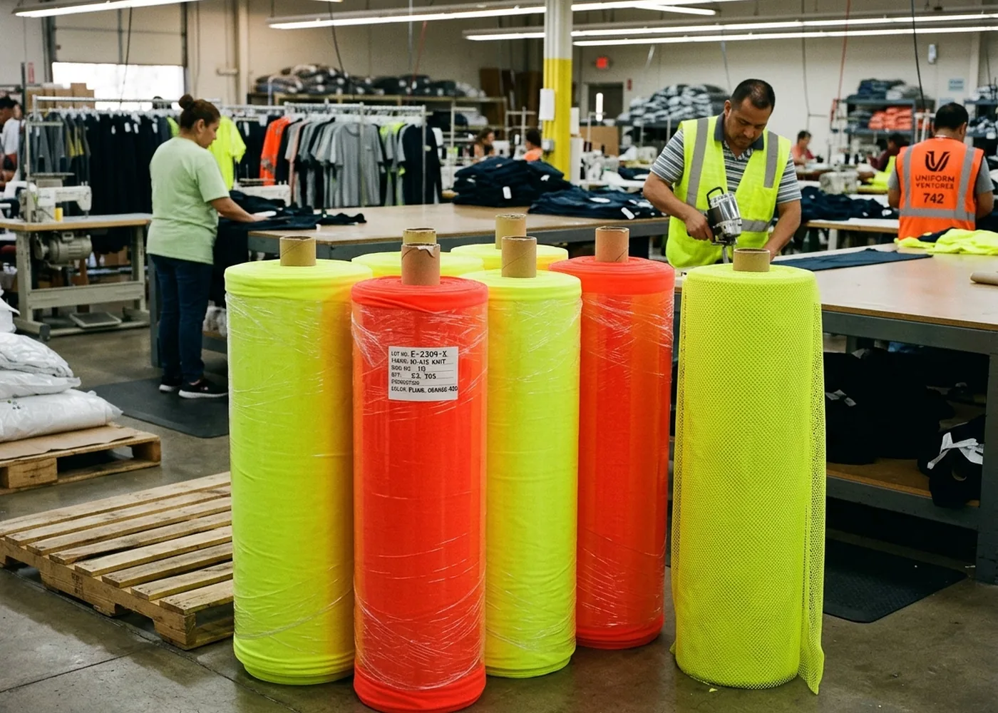Rolls of fluorescent yellow-green and orange-red polyester knit beside hi-vis mesh fabric