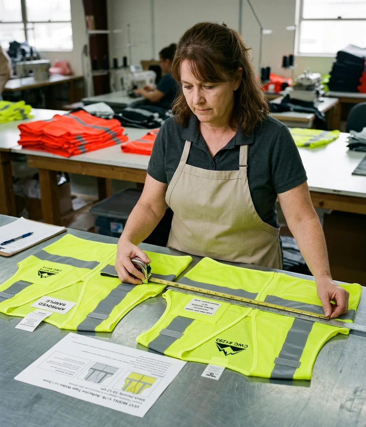 Quality inspector comparing tape and logo positions on a bulk safety vest with the approved sample