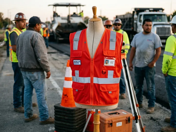 Custom surveyor-style safety vest with pockets and radio tabs on a mannequin