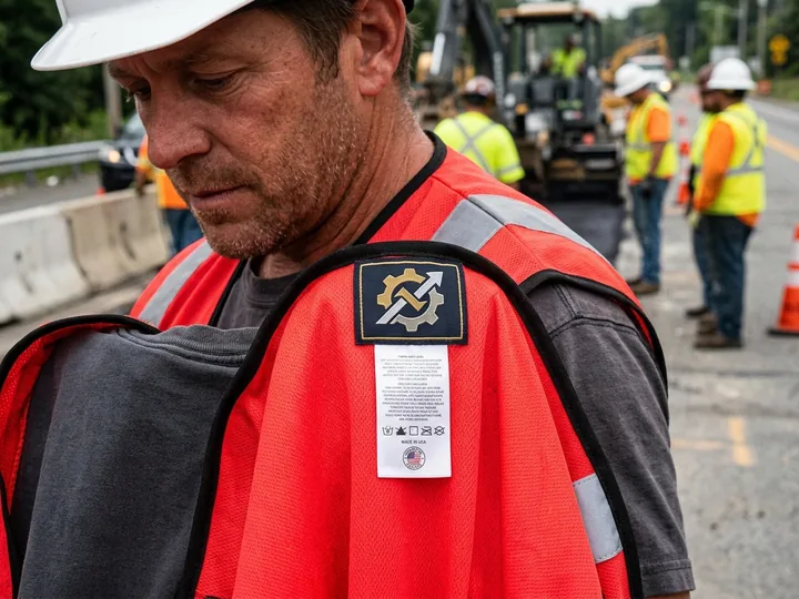 Private-label neck label and compliance label inside a safety vest