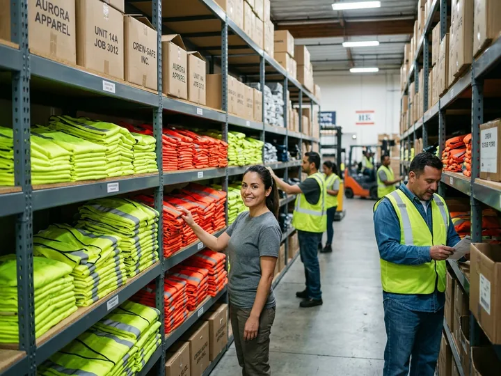 Shelves of folded yellow-green and orange-red stock safety vests