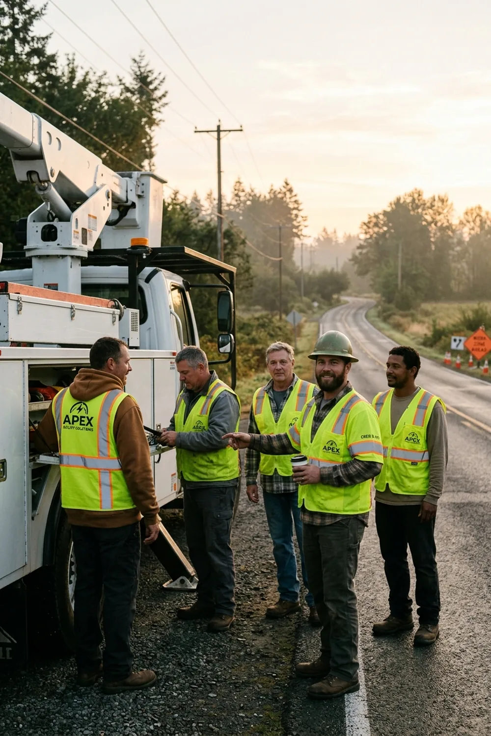 Utility line crew at dawn on a roadside wearing matching Class 2 safety vests