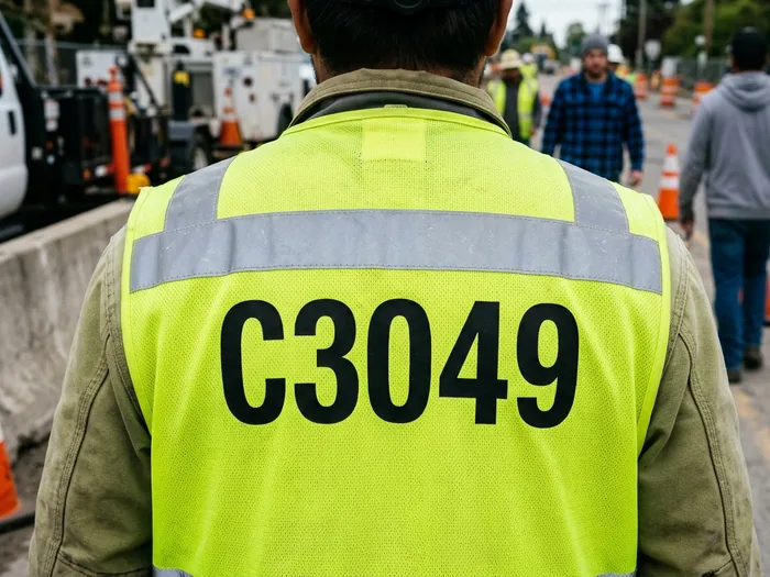 Heat-applied employee ID number on the back panel of a safety vest