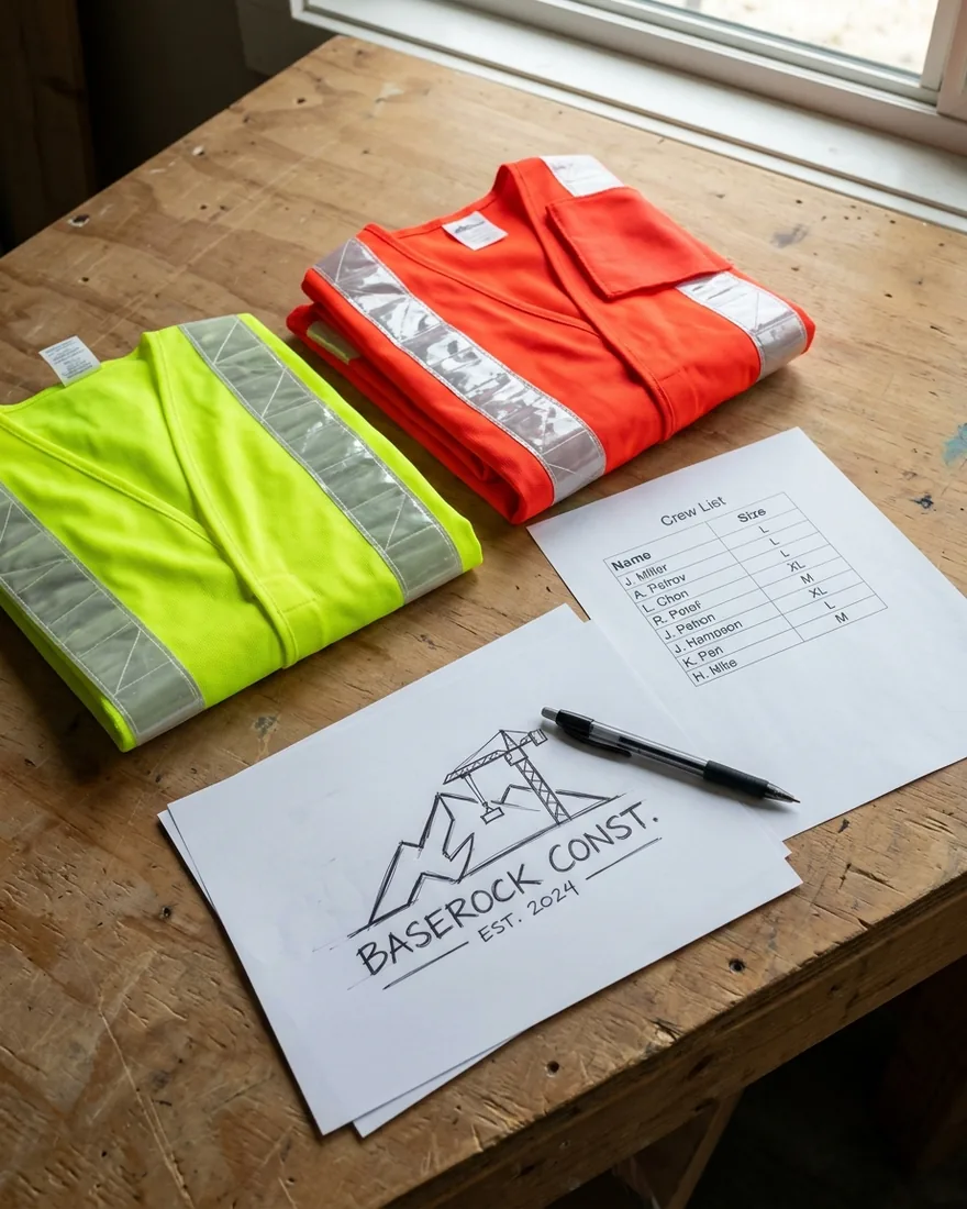 Desk with yellow-green and orange-red vest samples, a printed crew list and a logo sketch