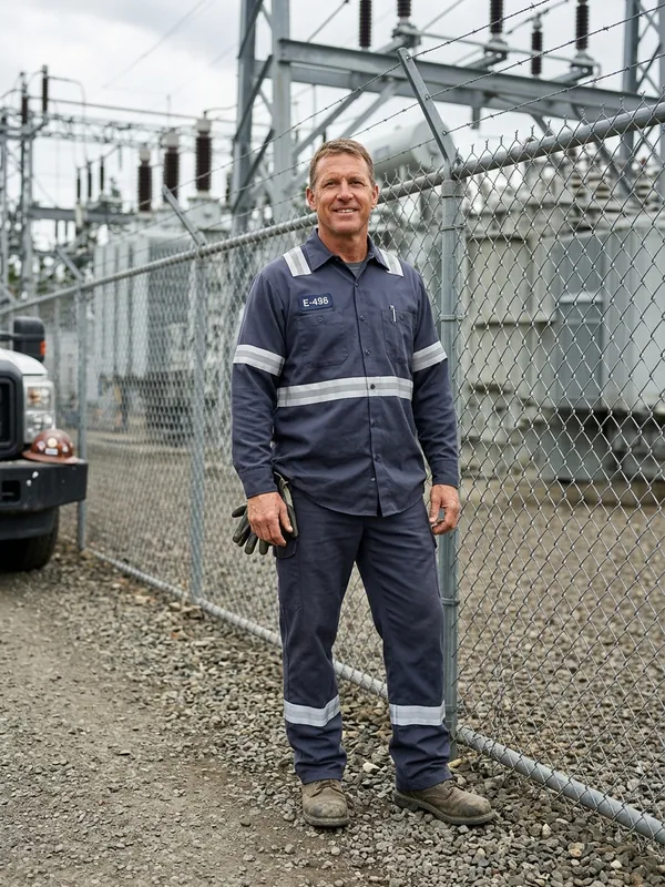 Utility worker in flame-resistant workwear with reflective trim