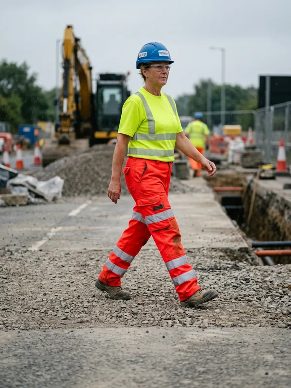 Worker in hi-vis work pants with reflective bands below the knee