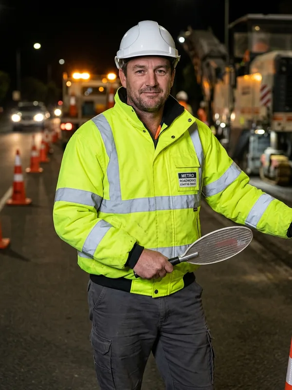 Road worker in a hi-vis jacket with reflective tape on the sleeves at night