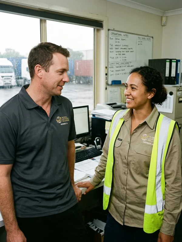Crew members in branded work shirts and polos