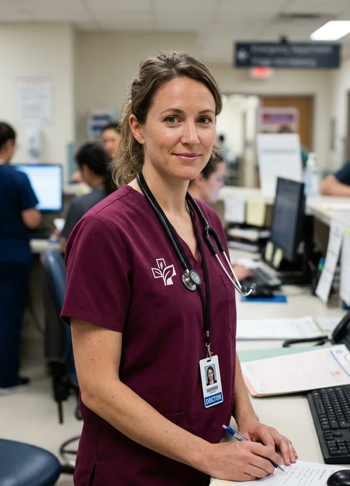 Emergency department doctor in wine scrubs at the triage desk