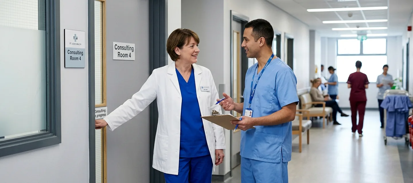 Outpatient doctor in royal blue scrubs and a short consultation coat talking with a nurse at a clinic door
