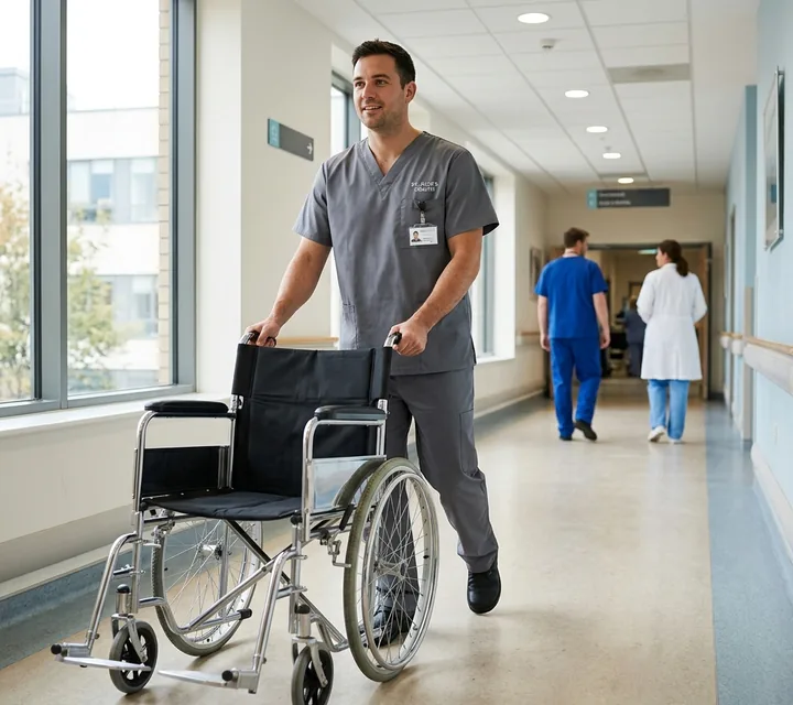 Hospital porter in pewter scrubs pushing an empty wheelchair along a corridor