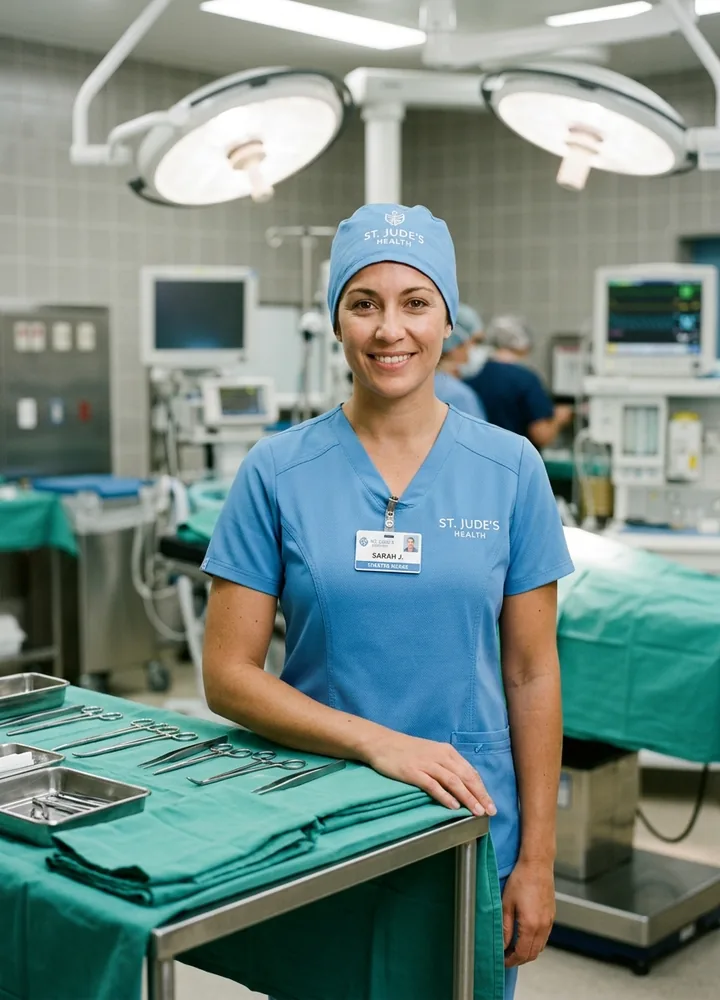 Theatre nurse in ceil blue scrubs and a scrub cap beside an instrument table