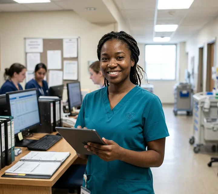 Ward nurse in teal scrubs at the nurses' station