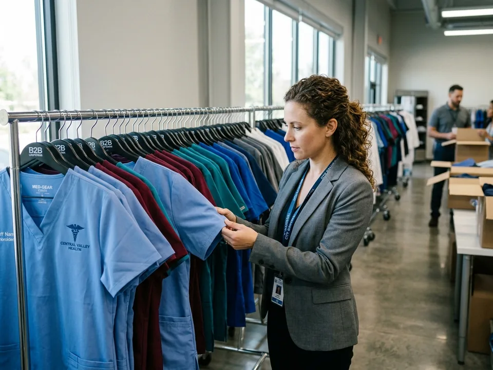 Distributor showroom rail of private label scrubs in several colours