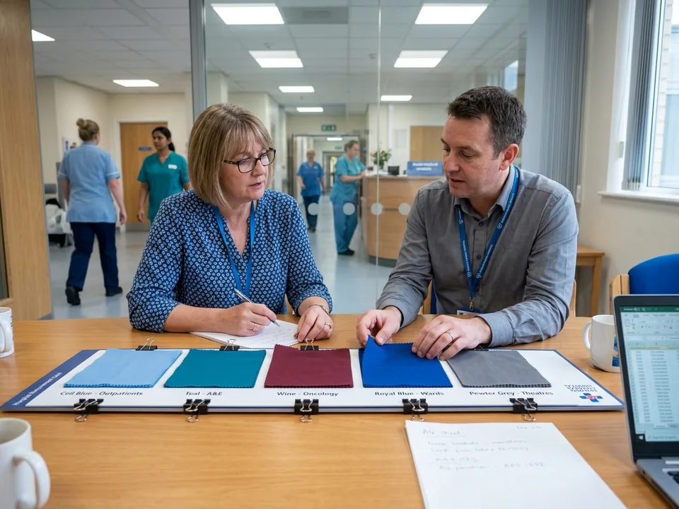 Hospital procurement lead and a nursing director reviewing a row of department colour swatches