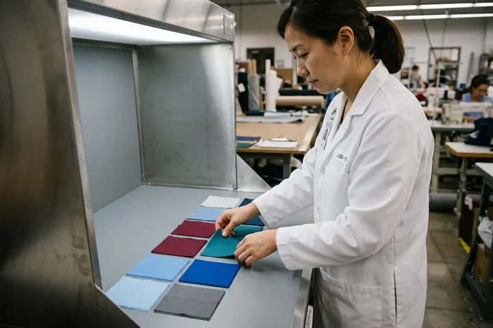 Colour lab technician laying a full set of department colour swatches side by side in a daylight viewing booth