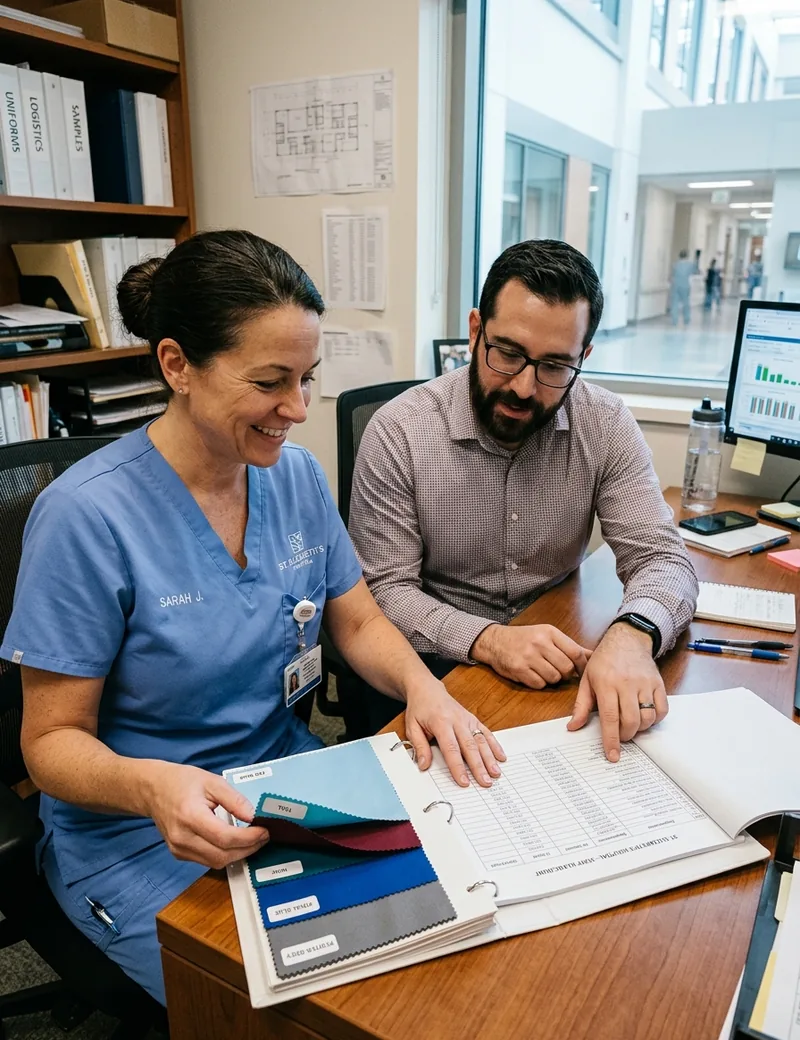 Nursing director and procurement lead going through fabric samples and a staff headcount sheet
