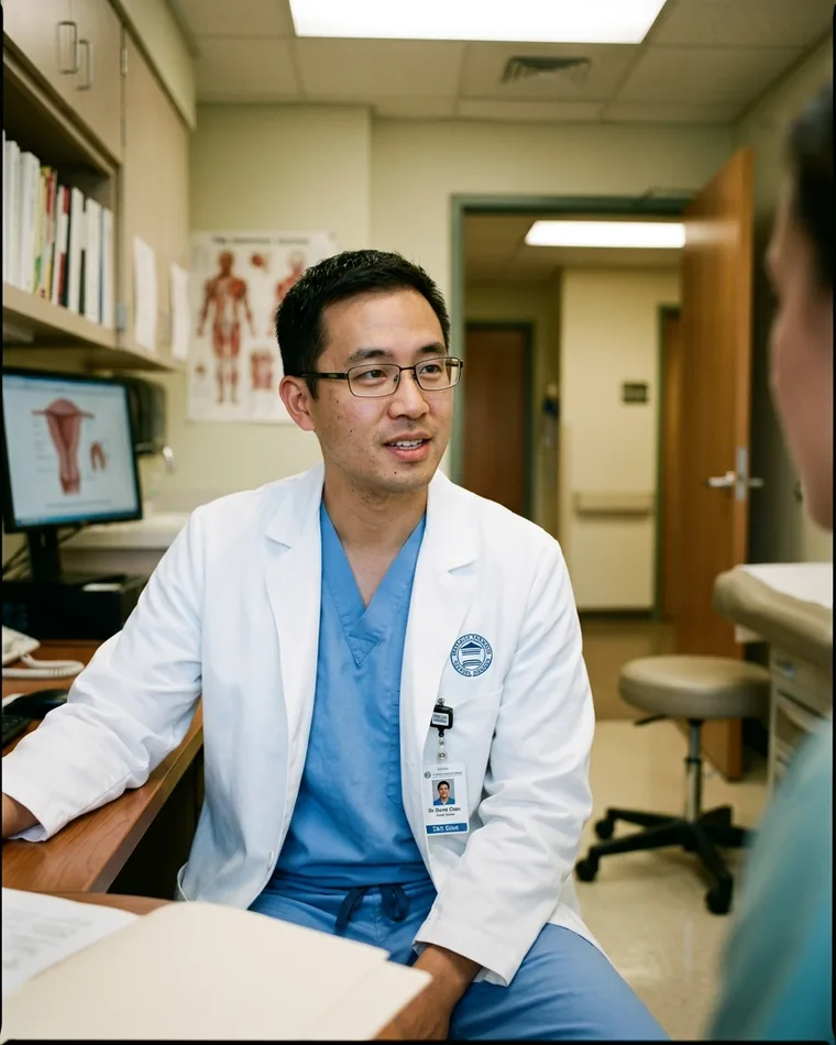 Doctor in a hip-length consultation coat in a consulting room