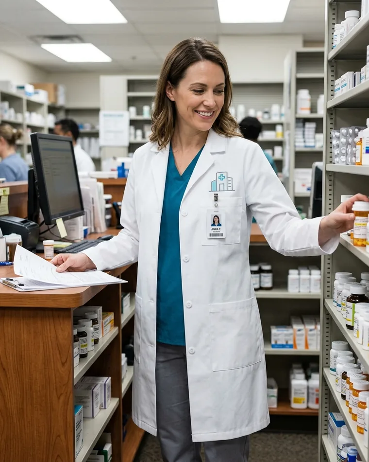 Pharmacist in a knee-length white lab coat
