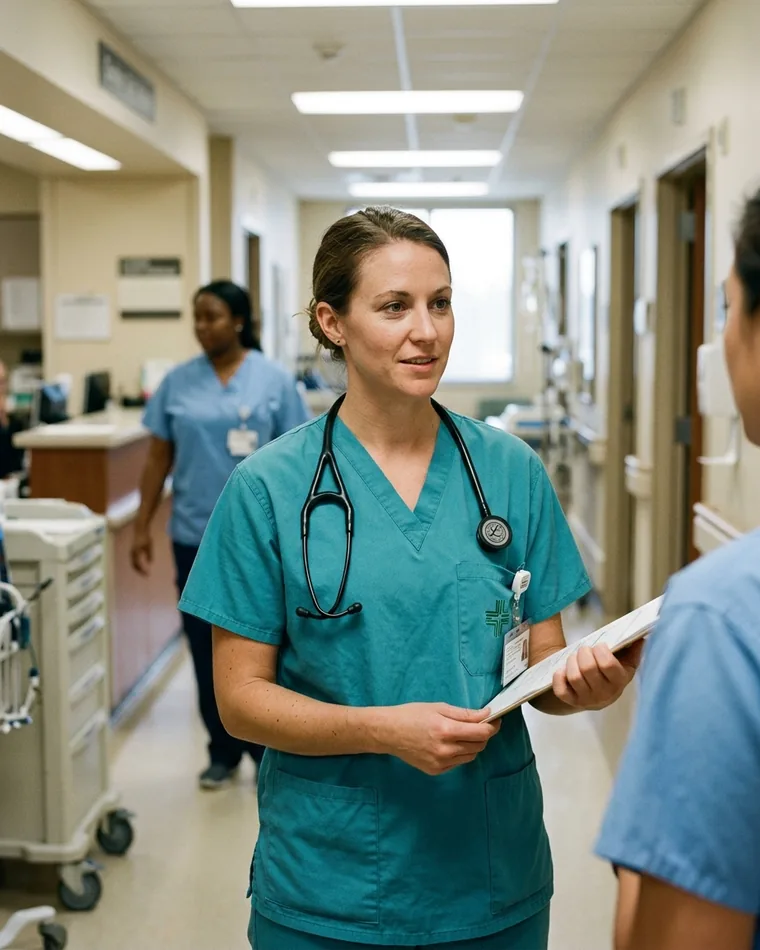 Nurse in a teal V-neck scrub top with chest and lower pockets