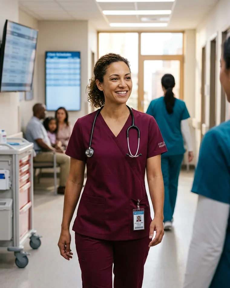 Women's mock-wrap scrub top in wine