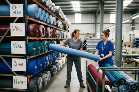 Fabric reserve racks with rolls sorted by department colour