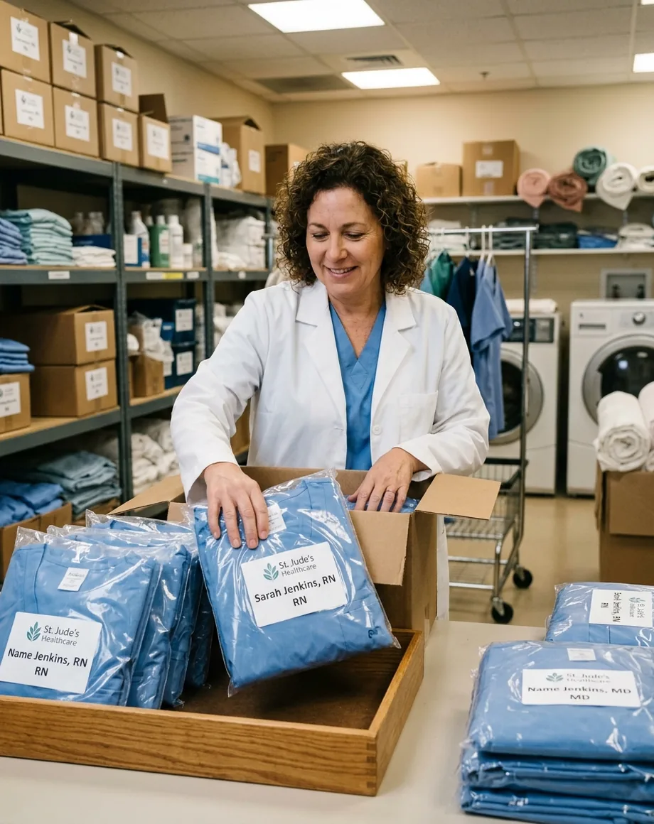Facility uniform contact unpacking scrubs packed per person with name labels