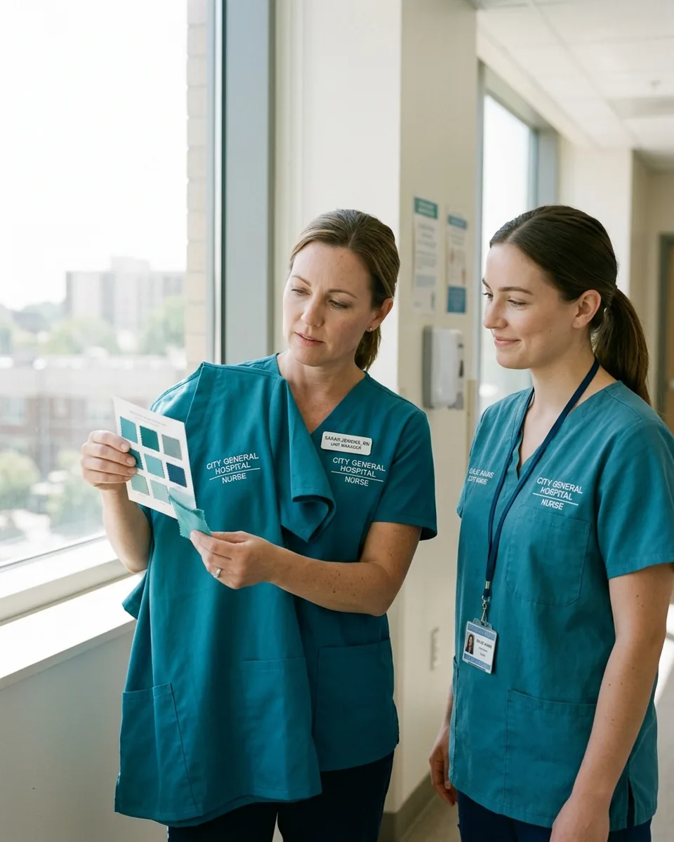 Nurse manager by a window holding a new teal scrub top against a small twin swatch, next to a colleague in a laundered top