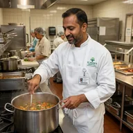 Hospital kitchen cook in a chef coat and apron