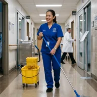 Environmental services staff member in a housekeeping uniform