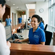 Hospital front desk staff member in a branded polo