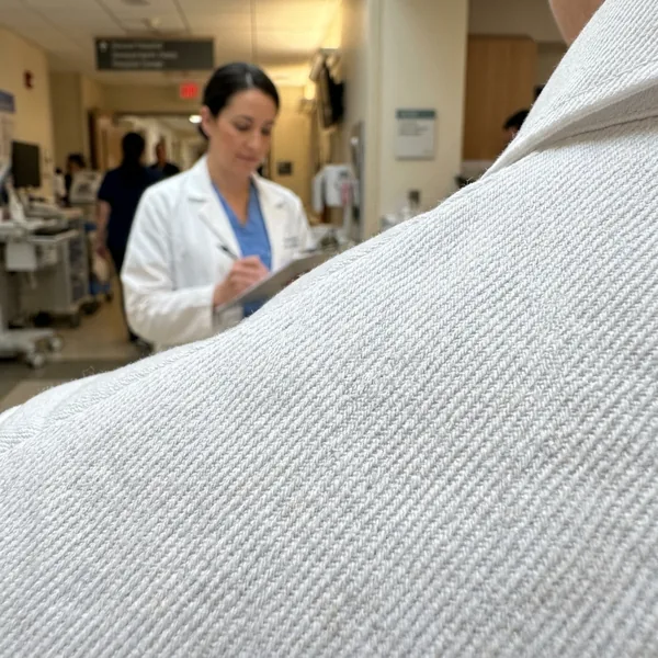 Close-up of white poly-cotton twill for lab coats