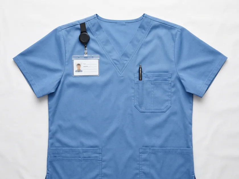 Flat-lay V-neck scrub top showing the pen slot, lower pockets and badge loop with an ID card