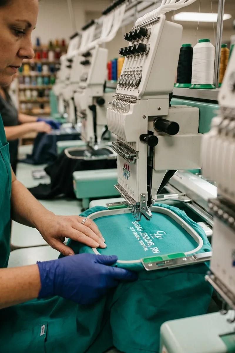 Embroidery machine stitching a staff name onto the chest of a teal scrub top