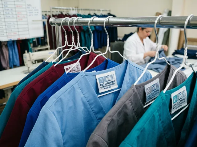 Rail of private label scrubs with woven neck labels