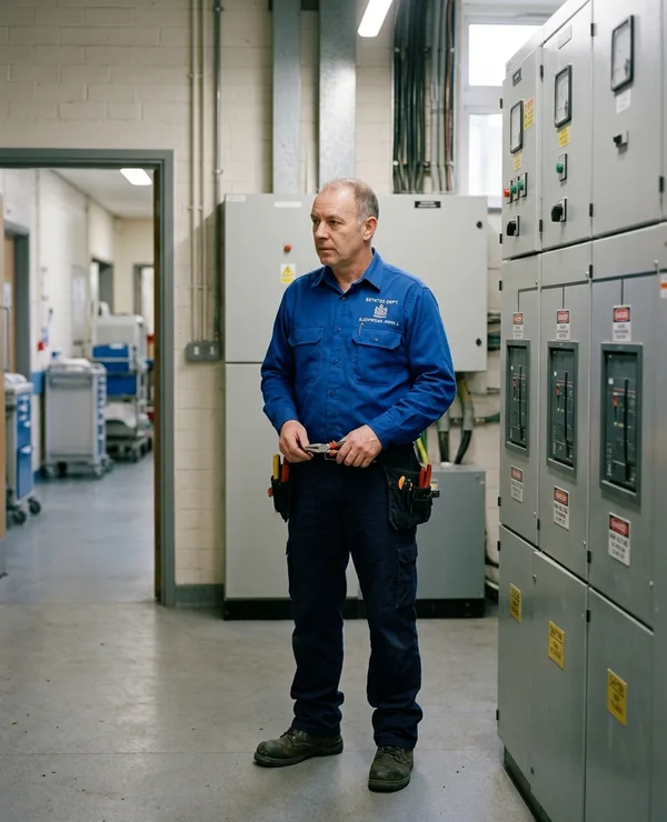 Hospital estates electrician in an FR shirt beside switchgear