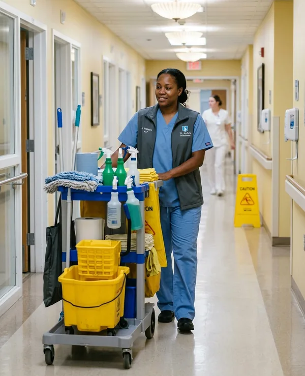Environmental services staff member with a cleaning cart