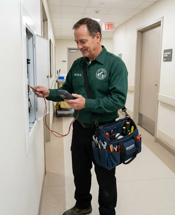 Hospital maintenance technician in a branded work shirt
