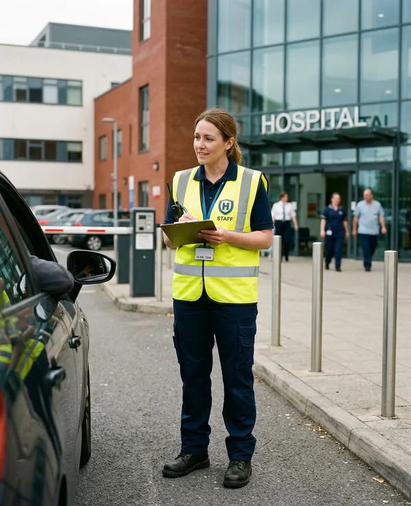 Car park attendant in a hi-vis safety vest outside a hospital