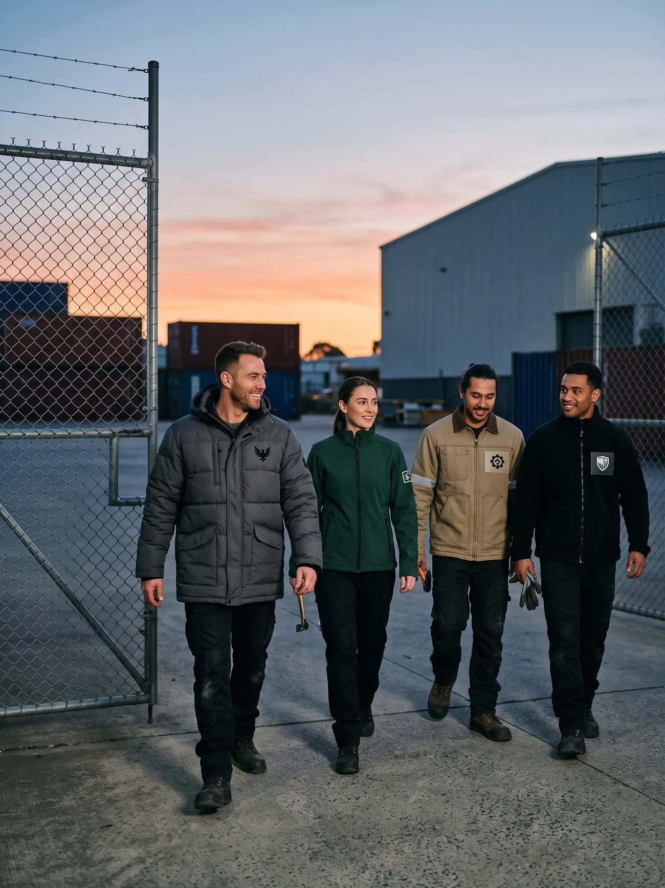 A crew in insulated and softshell jackets walking out of a depot gate at dusk