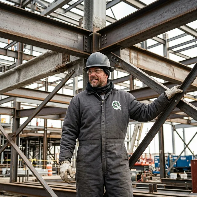 Worker in an insulated coverall under steelwork