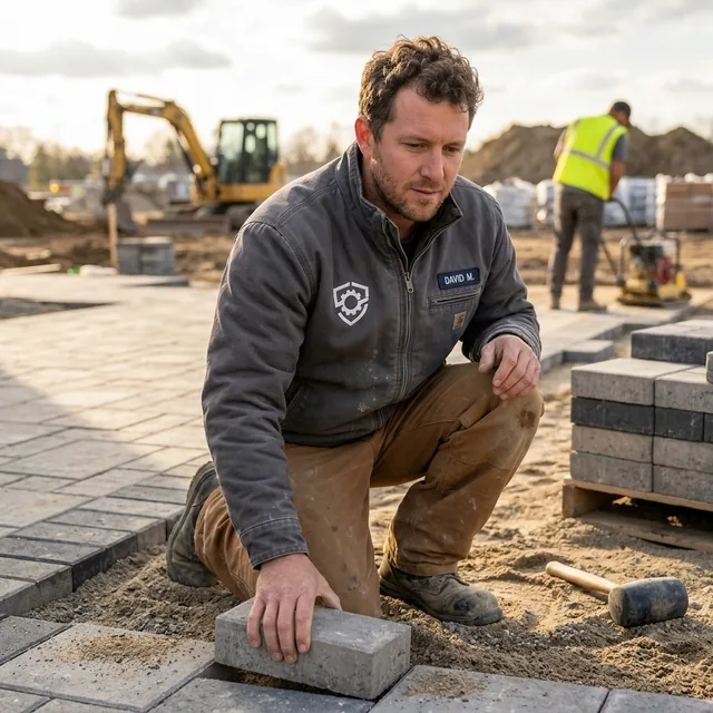 Paver kneeling in work pants laying stones