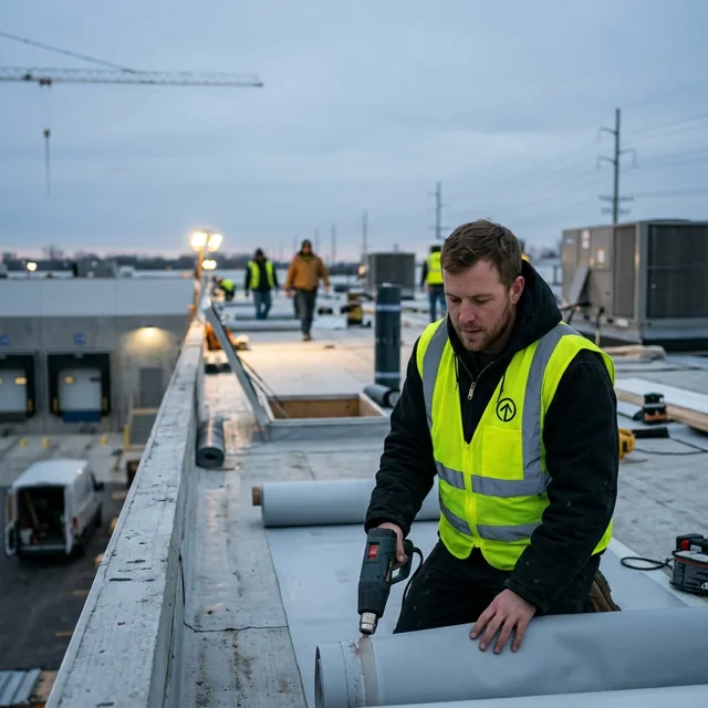 Roofer wearing a hi-vis vest over a work jacket