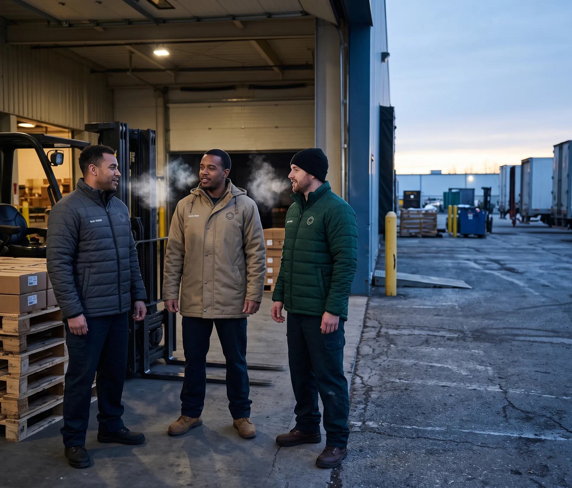 Loading-dock crew at dawn in quilted insulated jackets and a parka, logos embroidered on the chest