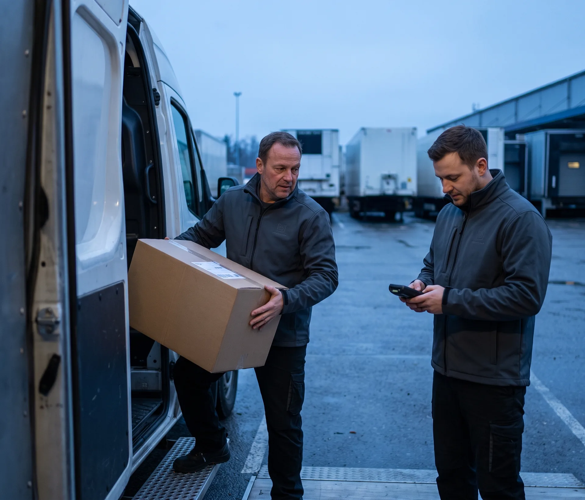 Two delivery drivers in slate grey softshell work jackets unloading a van at dawn