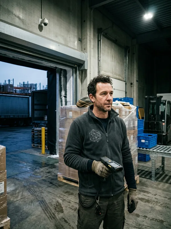Stock picker in a fleece work jacket at a cold store door