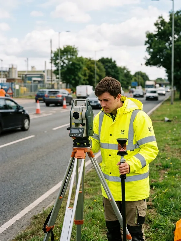 Surveyor at a roadside in a fluorescent yellow sleeved hi-vis jacket