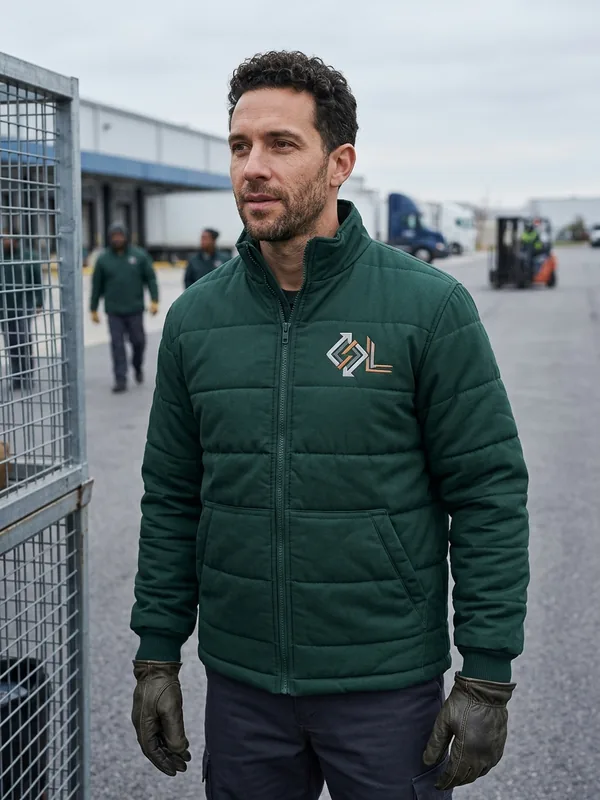 Yard worker in a quilted insulated work jacket