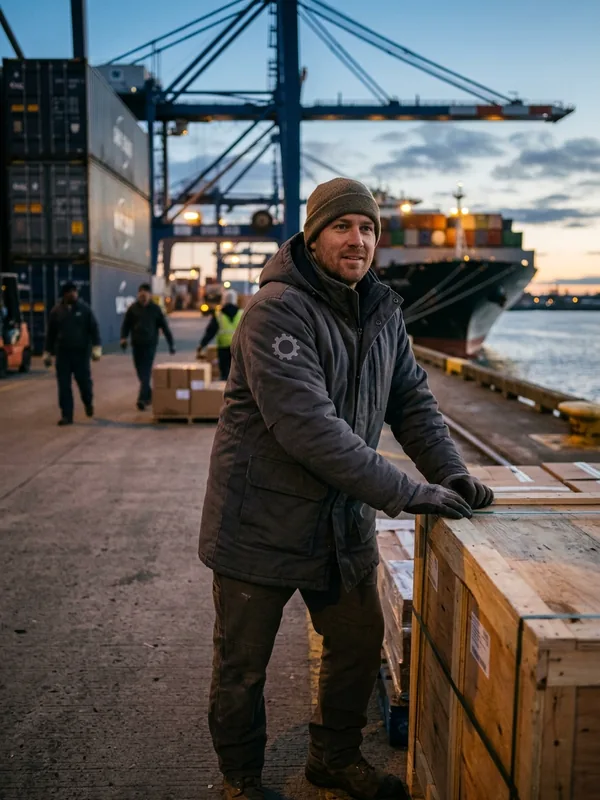 Dock worker in a below-the-hip insulated parka with the hood up