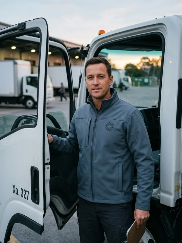 Driver in a softshell work jacket at a van door